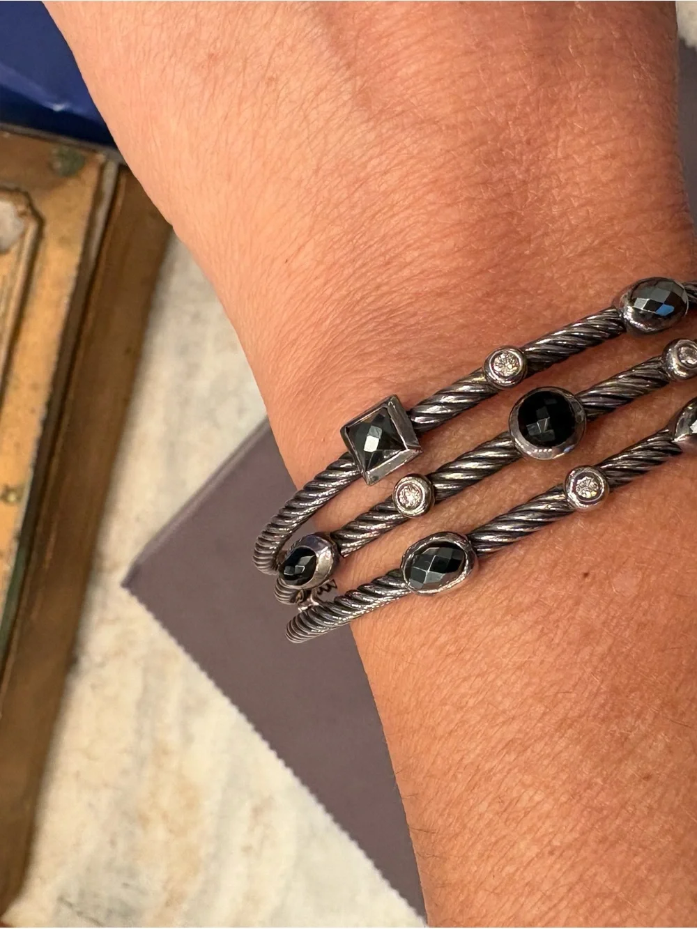 David Yurman Sterling Silver 3-Row Hematite, Onyx and Diamond Confetti  Bracelet